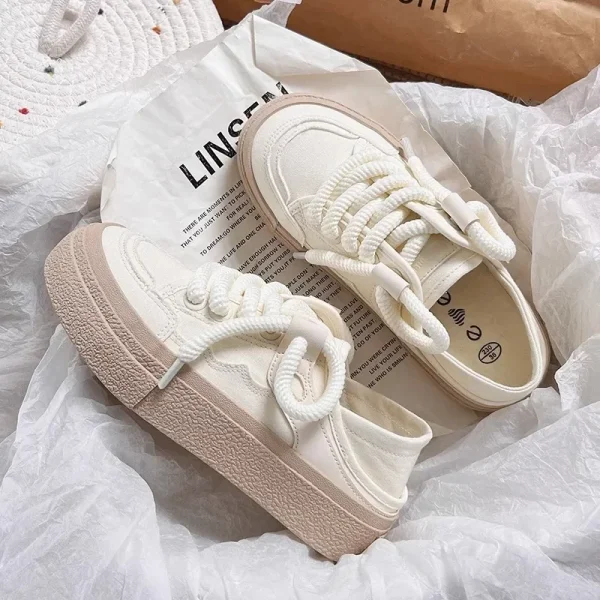 New Lace-up Vulcanized Shoes Autumn Women's 2024 White Canvas Sneaker All-match Round Toe Flat Casual Outdoor Running - Image 3