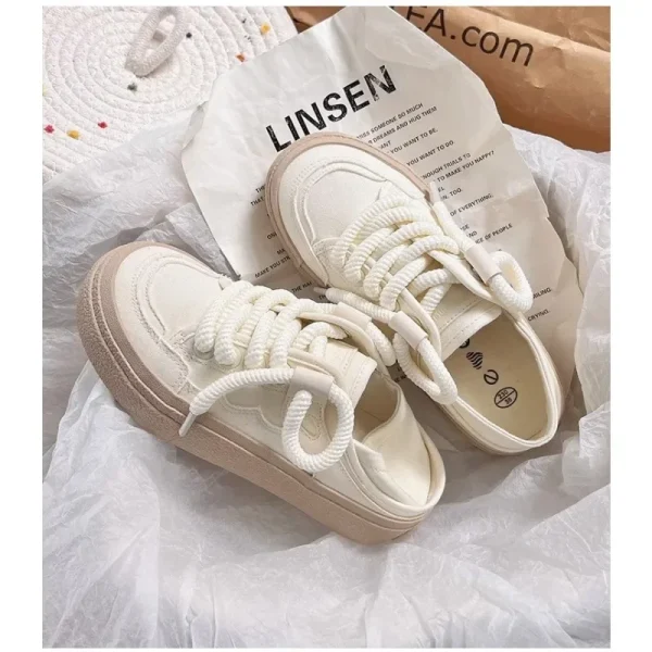 New Lace-up Vulcanized Shoes Autumn Women's 2024 White Canvas Sneaker All-match Round Toe Flat Casual Outdoor Running - Image 6