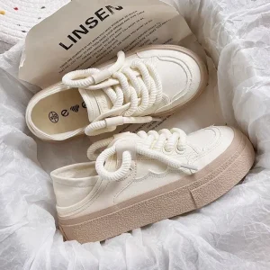 New Lace-up Vulcanized Shoes Autumn Women's 2024 White Canvas Sneaker All-match Round Toe Flat Casual Outdoor Running