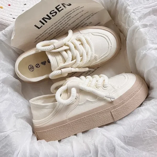 New Lace-up Vulcanized Shoes Autumn Women's 2024 White Canvas Sneaker All-match Round Toe Flat Casual Outdoor Running