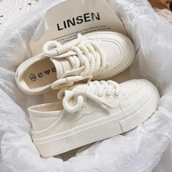 New Lace-up Vulcanized Shoes Autumn Women's 2024 White Canvas Sneaker All-match Round Toe Flat Casual Outdoor Running - Image 2