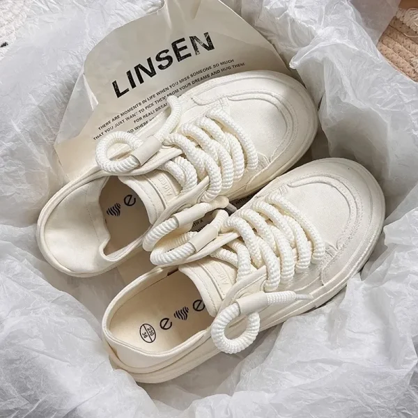 New Lace-up Vulcanized Shoes Autumn Women's 2024 White Canvas Sneaker All-match Round Toe Flat Casual Outdoor Running - Image 4