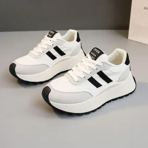 Spring Thick Bottom Women's Shoes 2025 Summer Casual Patchwork Leather Sneakers Casual Vulcanised Shoes Ladies Chaussure Femme